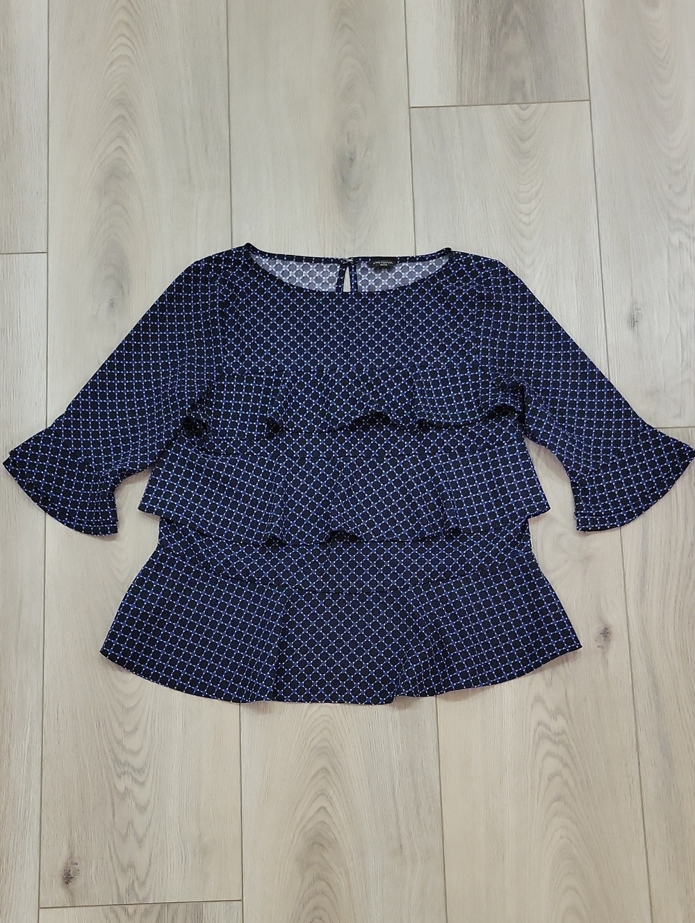 Ann Taylor Navy Geo Tiered Ruffle Blouse